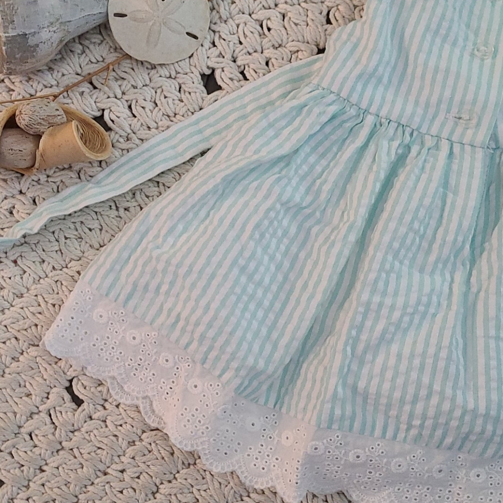 SUMMER BEAUTIFUL TEAL WHITE LACE  STRIPED  DRESS - Picture 13 of 16